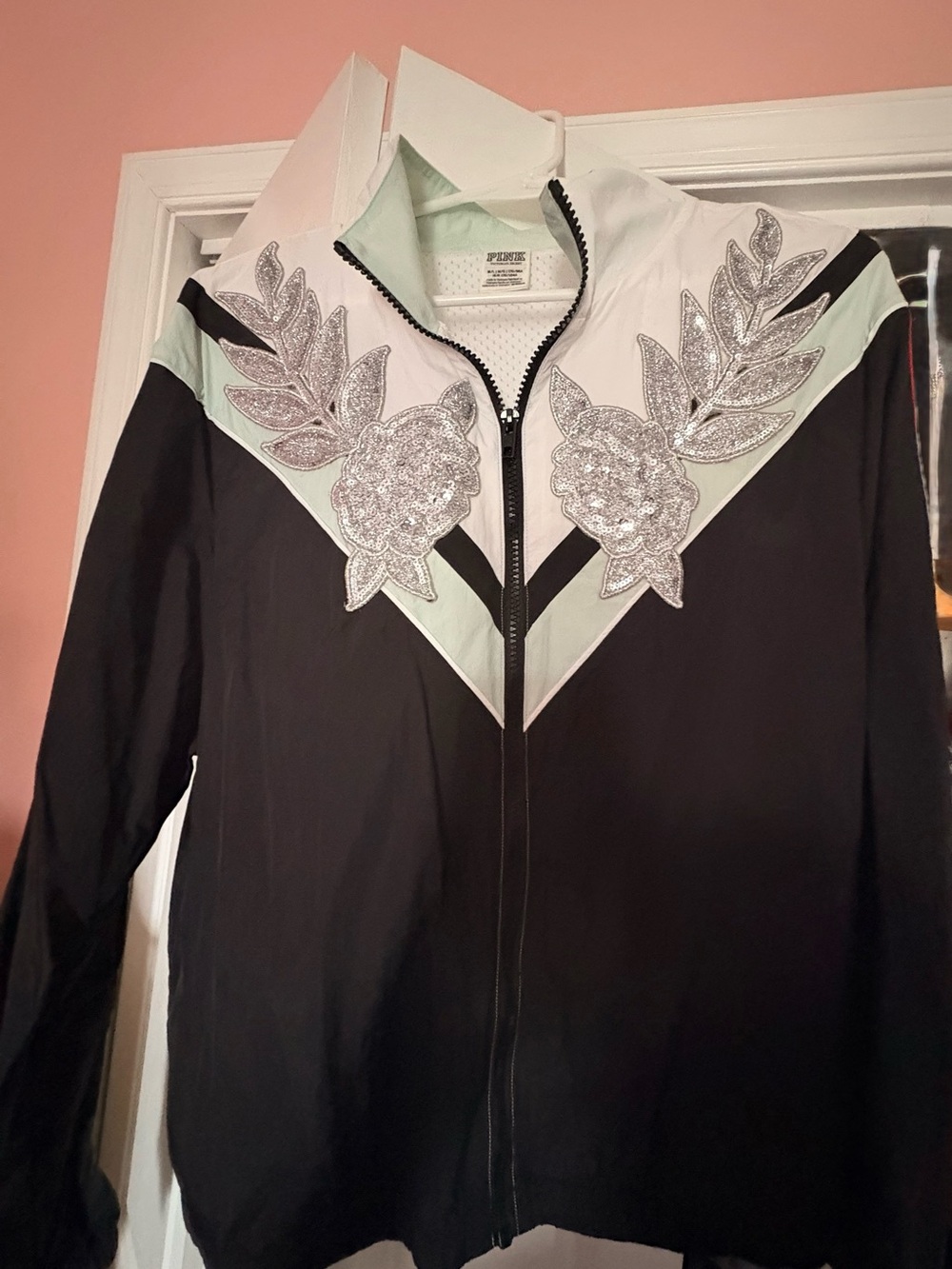 PINK Victoria's Secret Mint & Black Embellished Track Jacket M/L